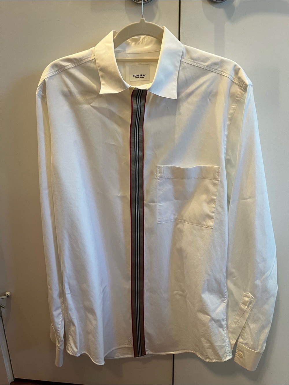 Burberry White Long-Sleeve Shirt with Vertical Signature Stripe